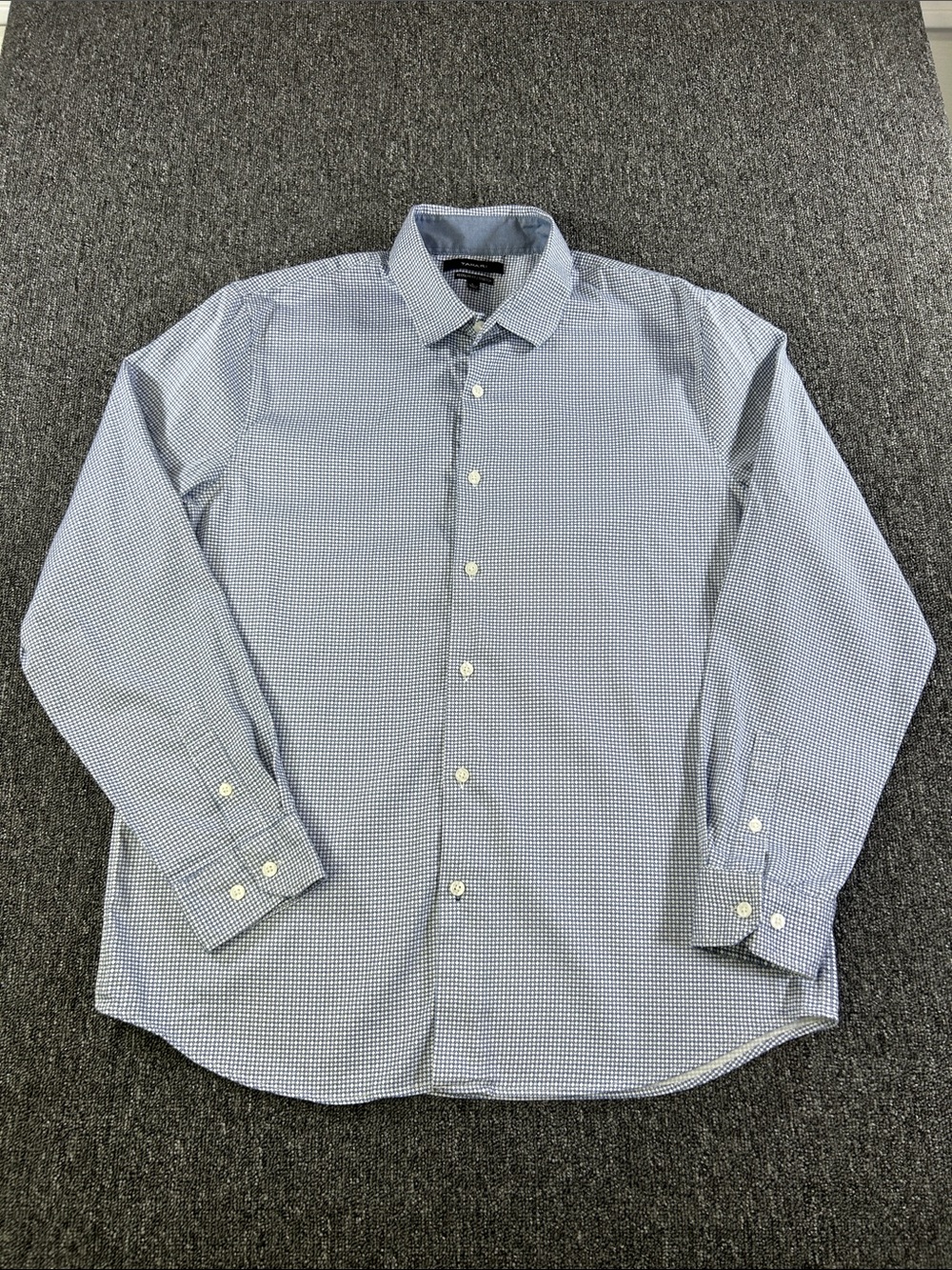 Tahari Regular Fit Stretch Button Front Dress Shirt Blue White Print Size L
